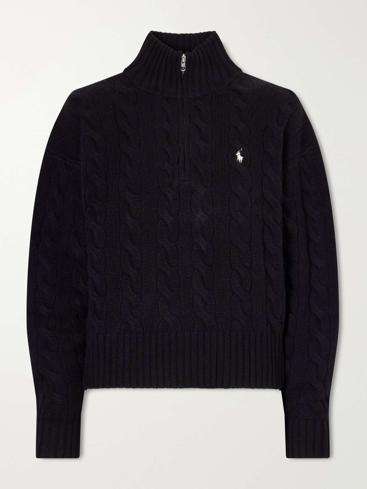 Logo-embroidered cable-knit wool and cashmere-blend half-zip sweater