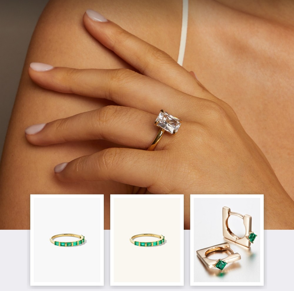 A collage of jewelry pieces from the Birthstone Jewelry Without the Gimmick edit, including items from Aurate New York, BaubleBar, Jenny Bird, Mejuri.