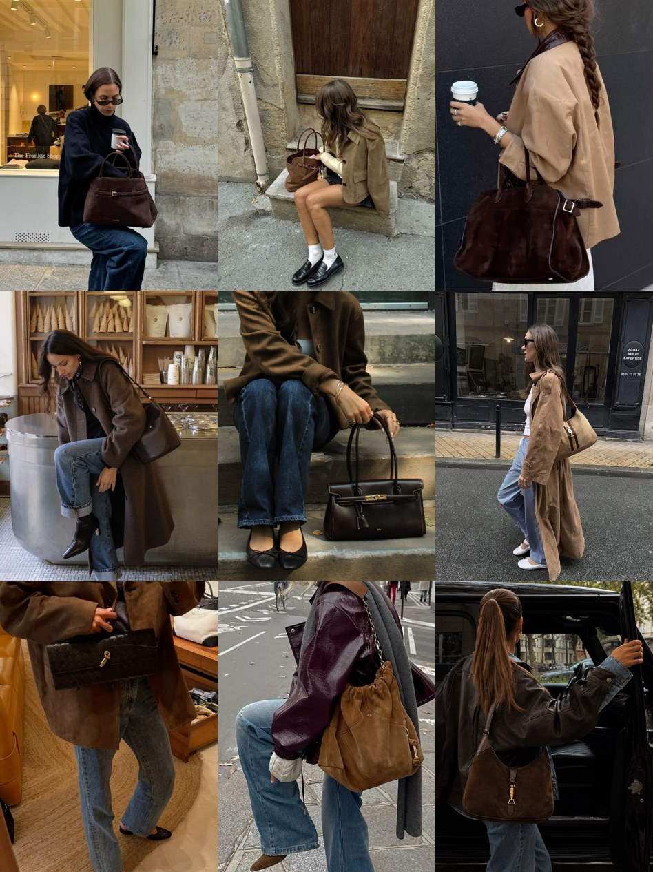 Street style collage of women carrying brown suede bags with coats and knits