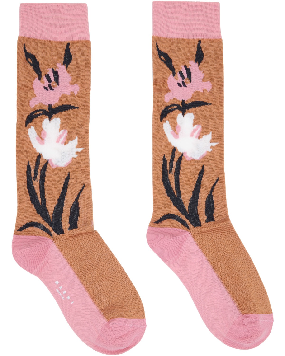 Tan & Pink Intarsia Flower Mid-Calf Socks
