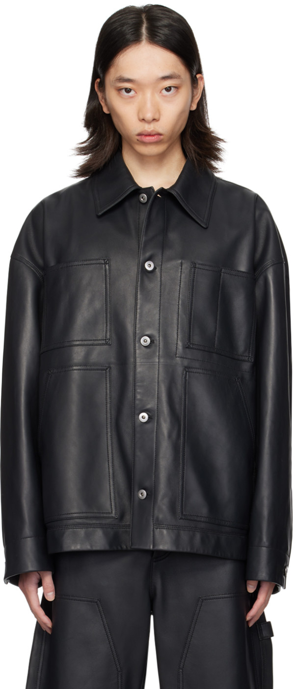 Black Spread Collar Leather Jacket