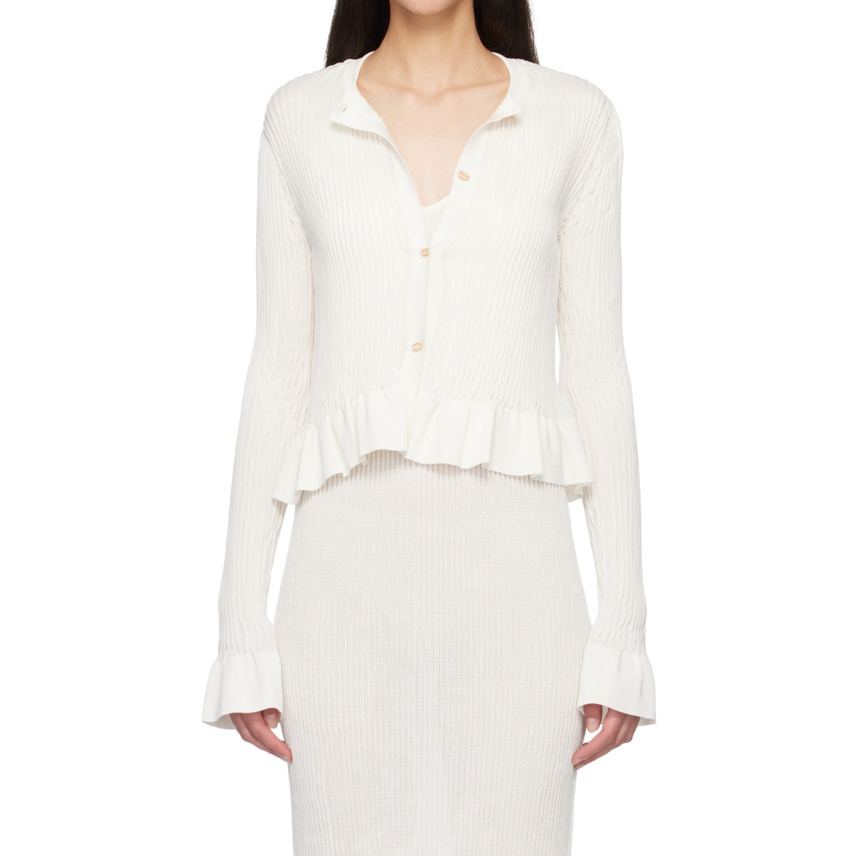 Off-White Long Sleeves Frill Detail Cardigan