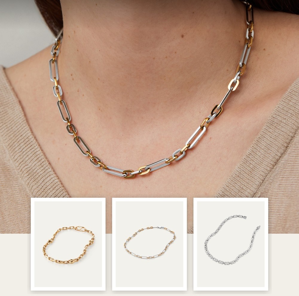 A collage of jewelry pieces from the Curb, Figaro or Herringbone: Which Chain to Buy edit, including items from Aurate New York, Jenny Bird, Mejuri.