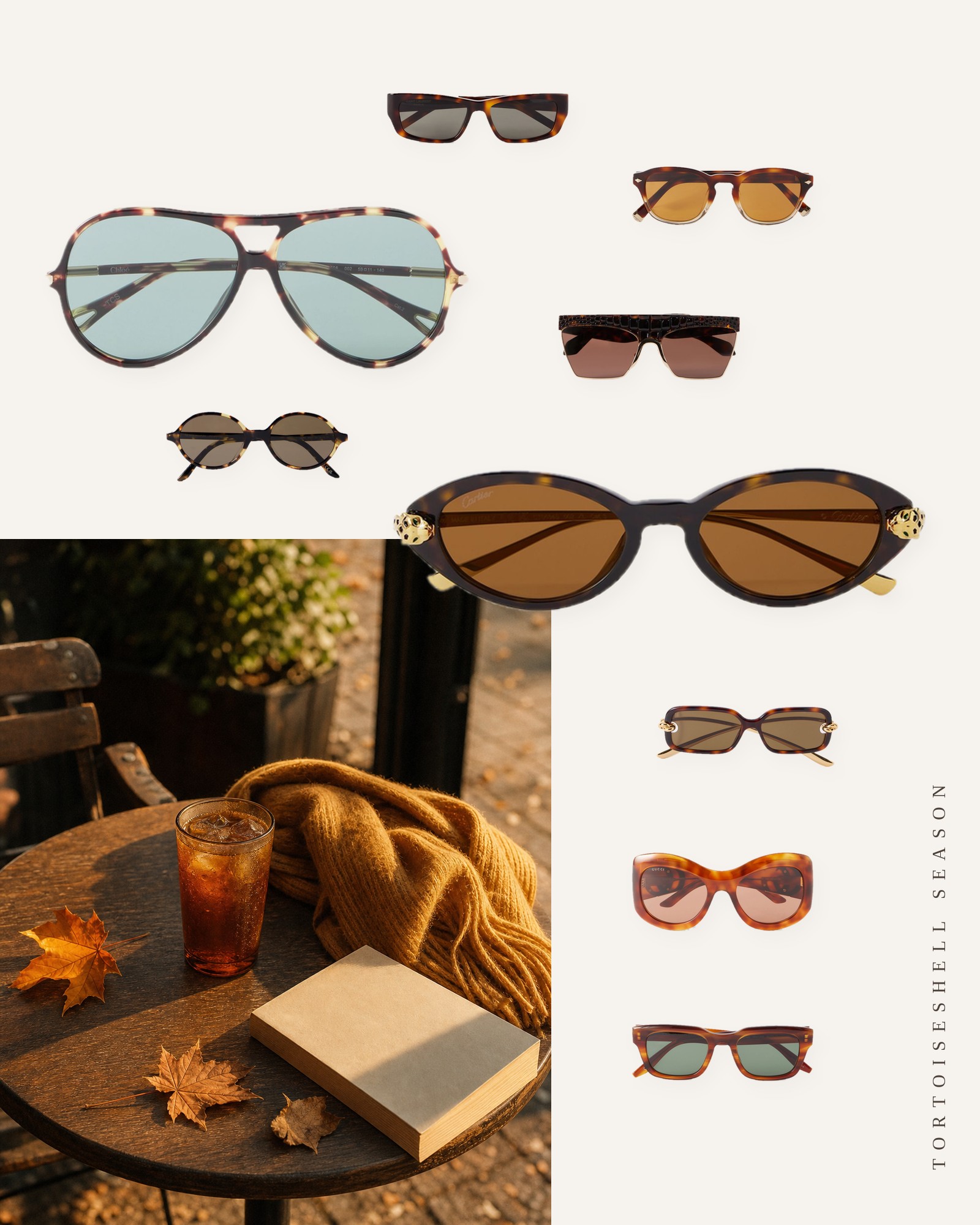 Collage of tortoiseshell sunglasses from this edit, with a mood photo