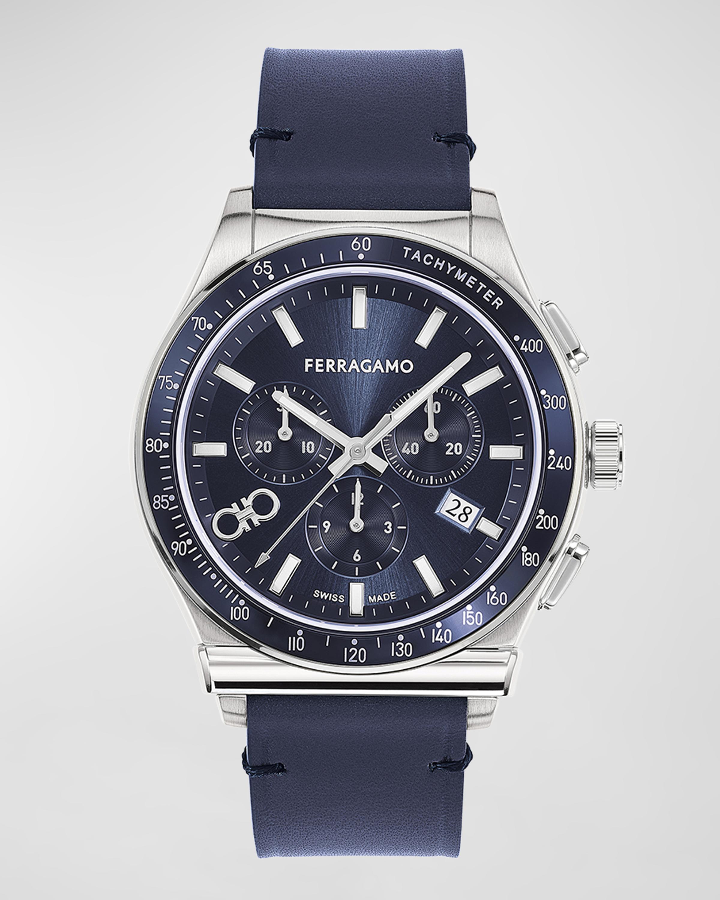 42mm Ferragamo 1927 Chrono Watch with Leather Strap, Blue