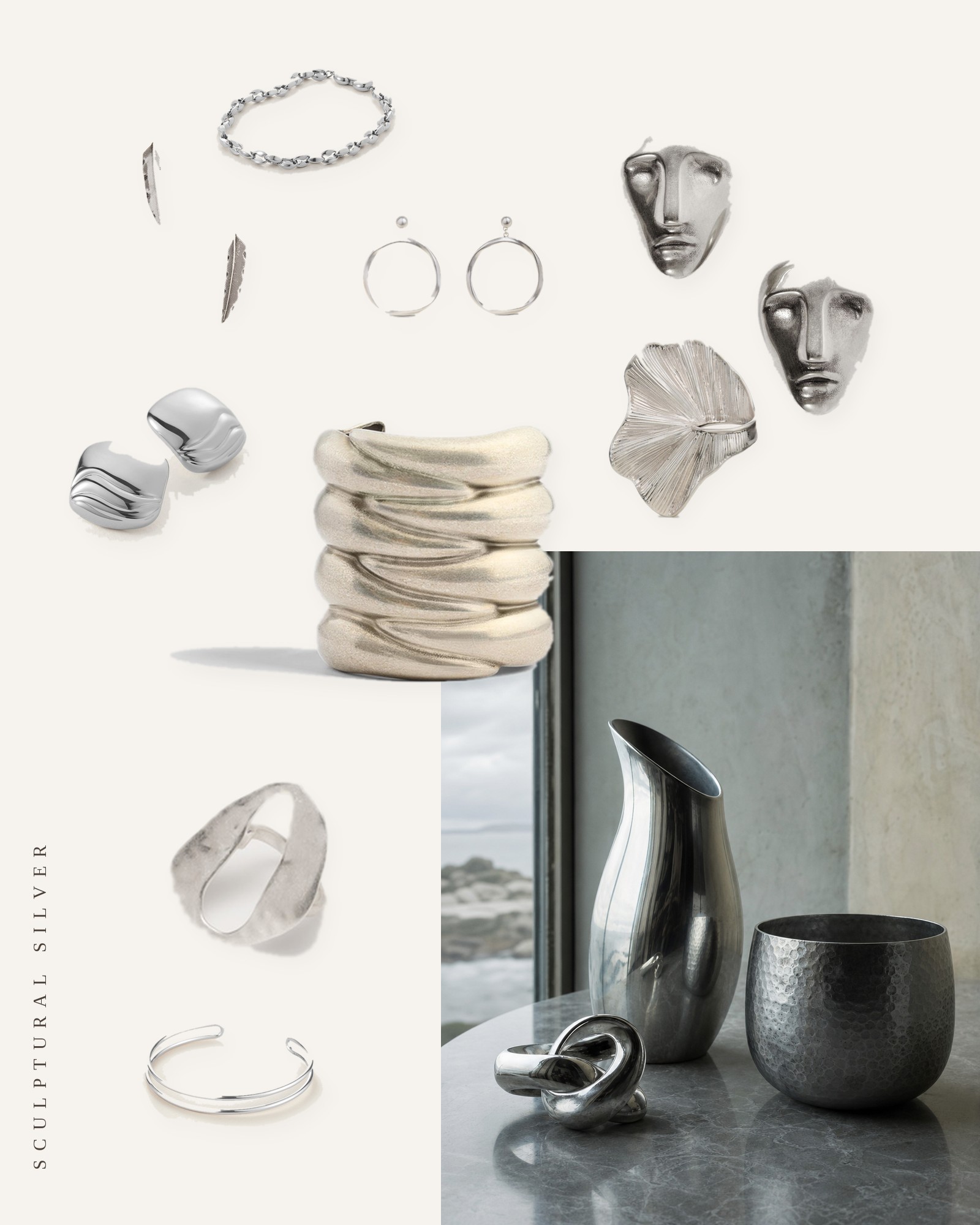 Collage of sculptural silver jewelry from this edit, with a mood photo