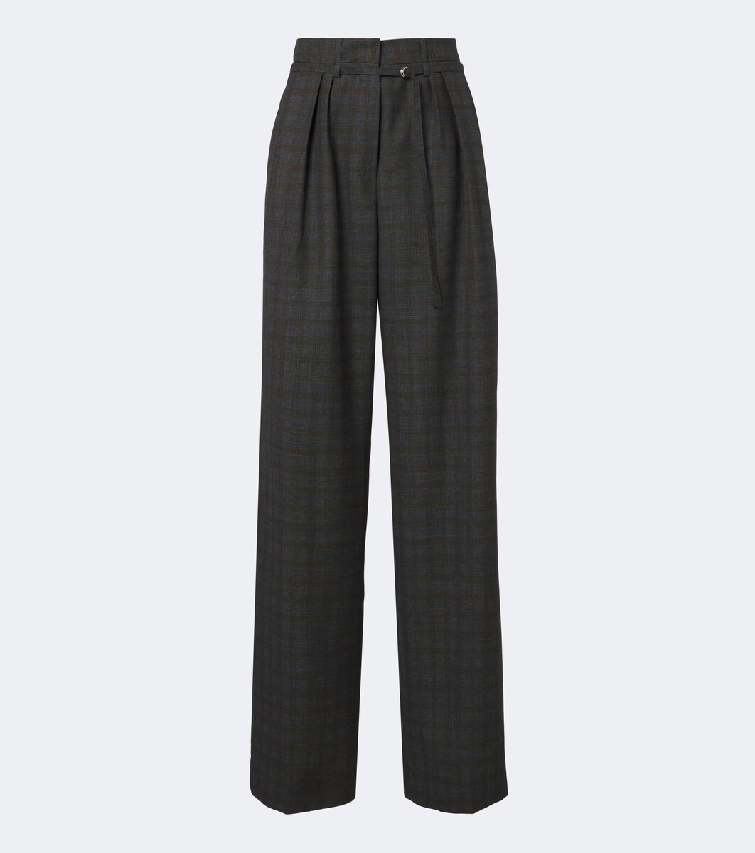 Checked pleated wool wide-leg pants