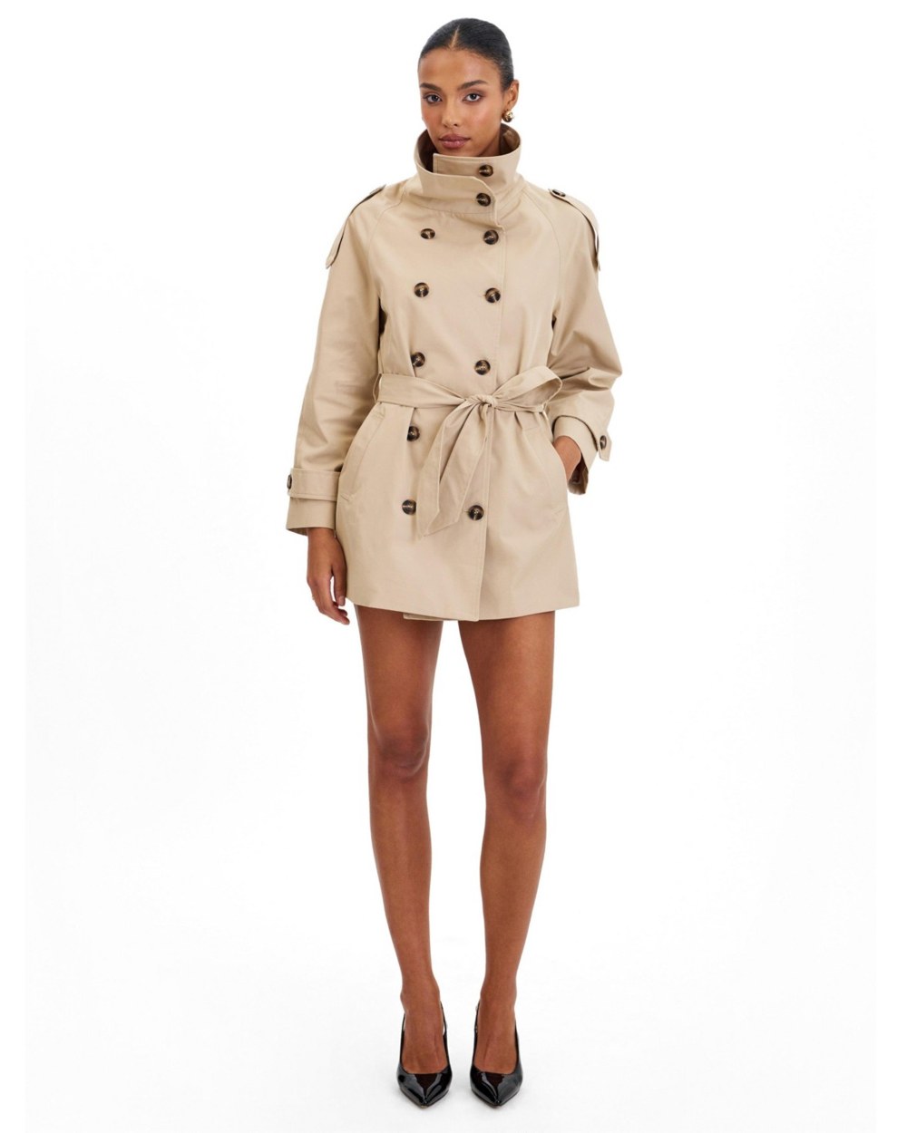 Vanetta Tan High Collar Double-Breasted Trench Mini Coat