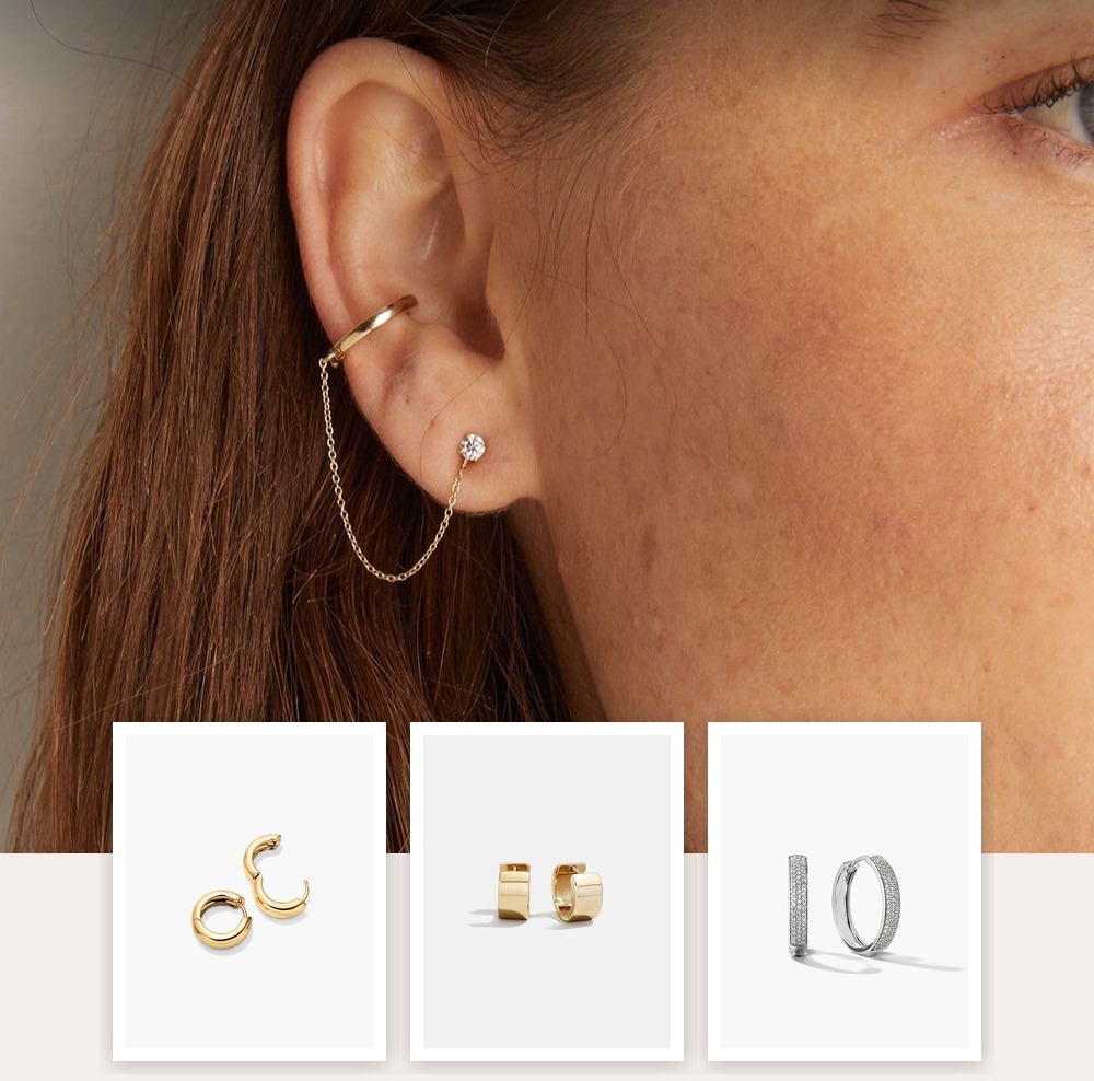 A collage of jewelry pieces from the Which Earring for Which Piercing edit, including items from Aurate New York, BaubleBar, Jenny Bird, Mejuri.
