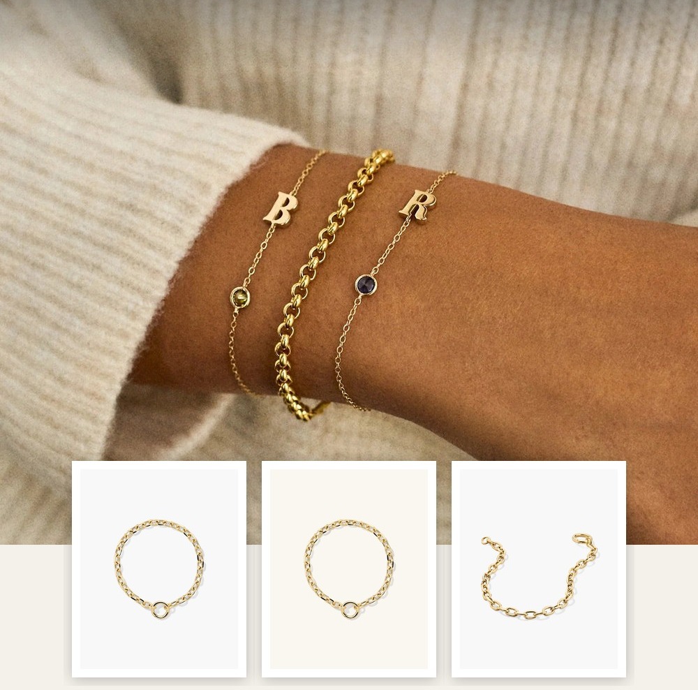 A collage of jewelry pieces from the Personalized Gifts Beyond an Initial edit, including items from Aurate New York, BaubleBar, Mejuri.
