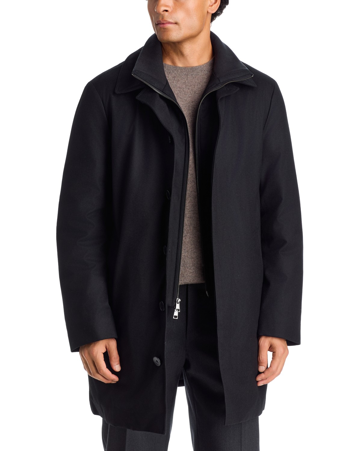 Wool Flannel Storm System Down Filled Car Coat With Removable Bib