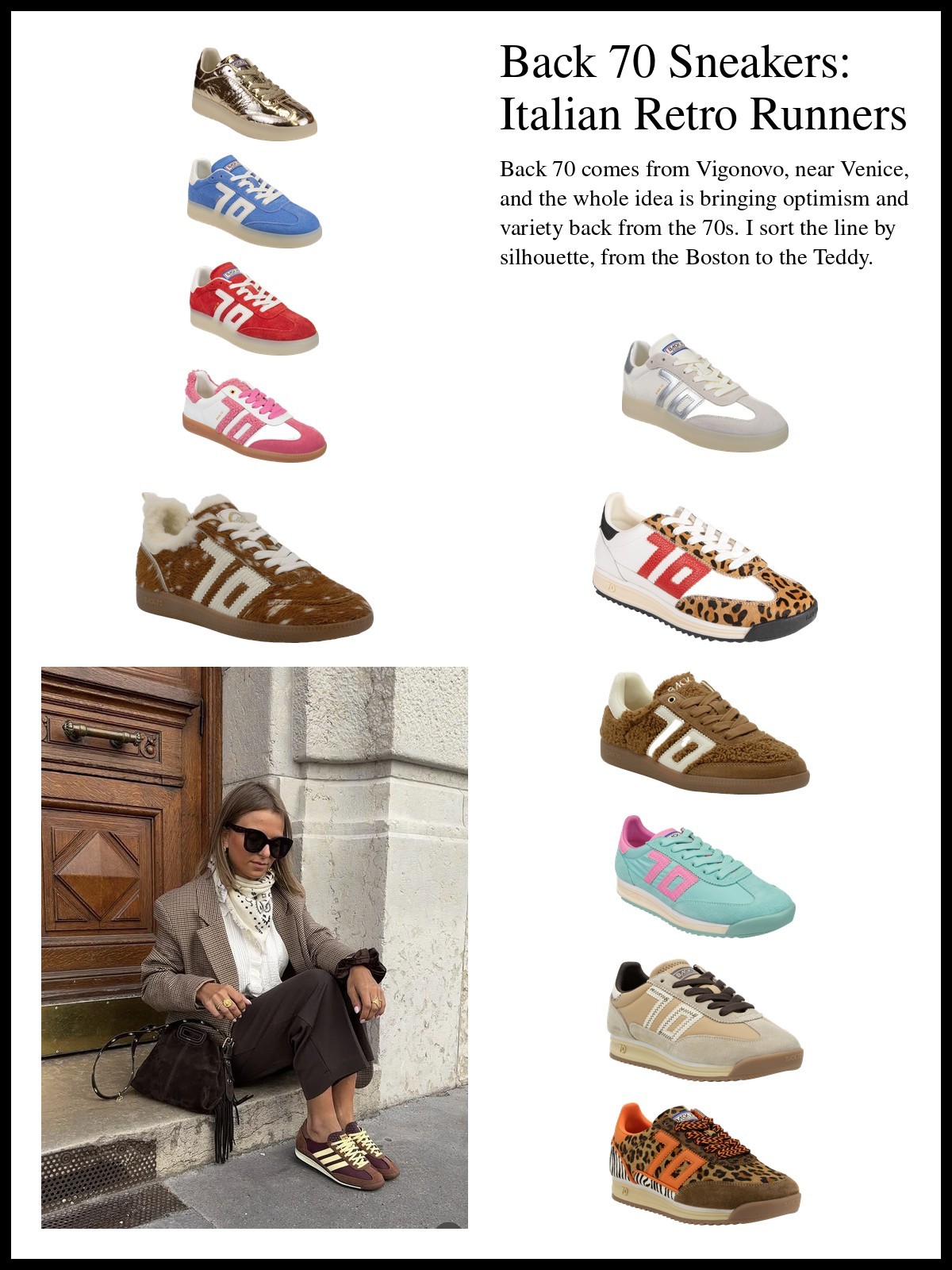 Collage of Back 70 sneakers: Boston pairs in gold, blue, red and metallic silver, a white and pink Cloud, a Ghost N in sika butter, a Barkley Strike in white pony and camel, a Teddy in tobacco, and Jogger styles in light sky, beige and cuoio orange, with a photo of a woman in a brown blazer sitting on stone steps in retro sneakers.