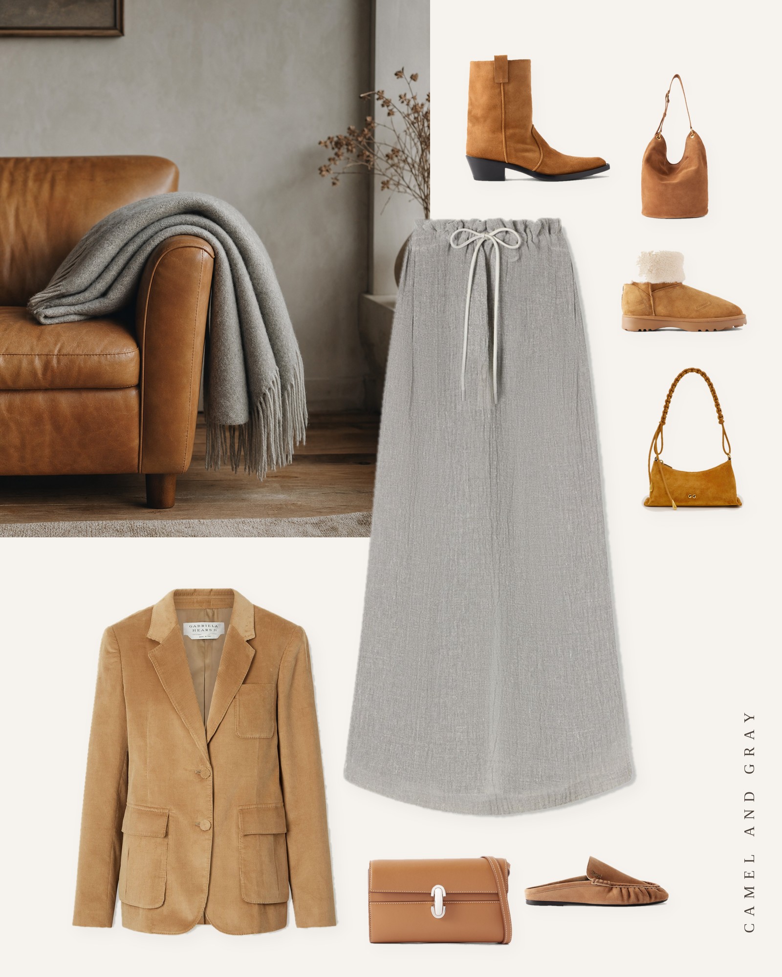 Collage of camel and gray pieces from this edit, with a mood photo
