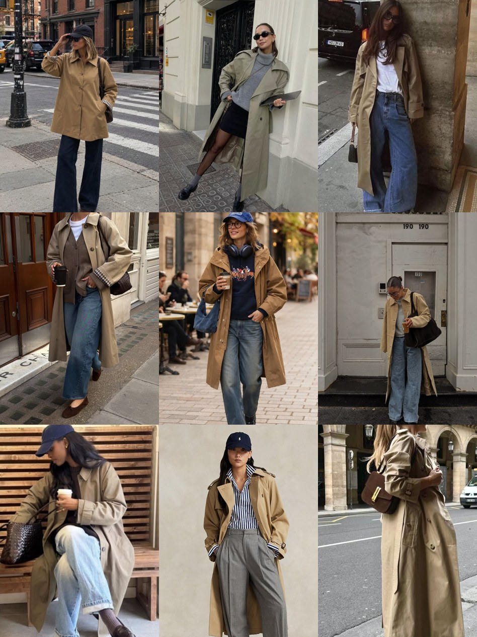 Street style collage of women wearing trench coats with jeans and boots