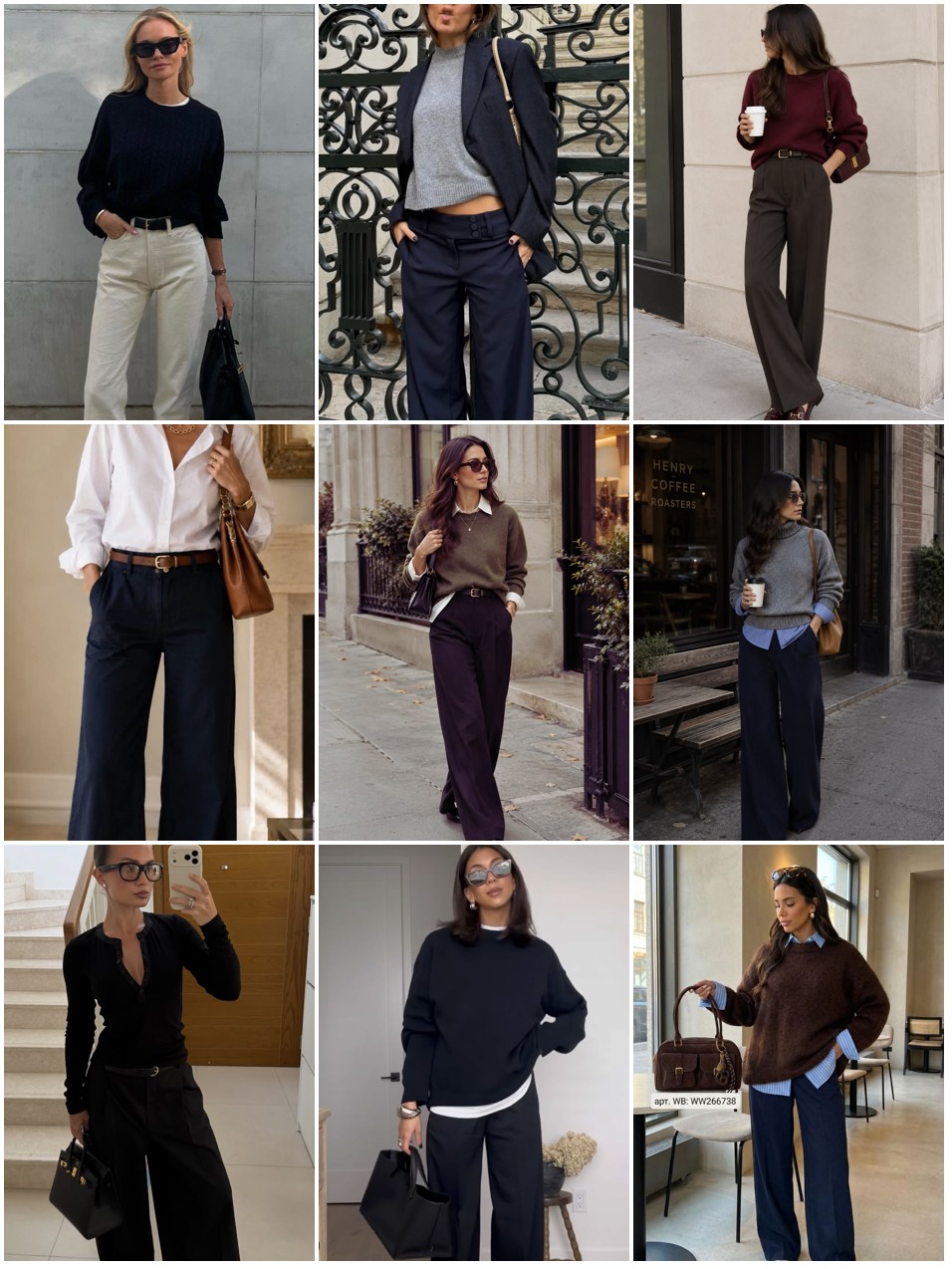 Street style collage of women in tailored trousers with knits and loafers