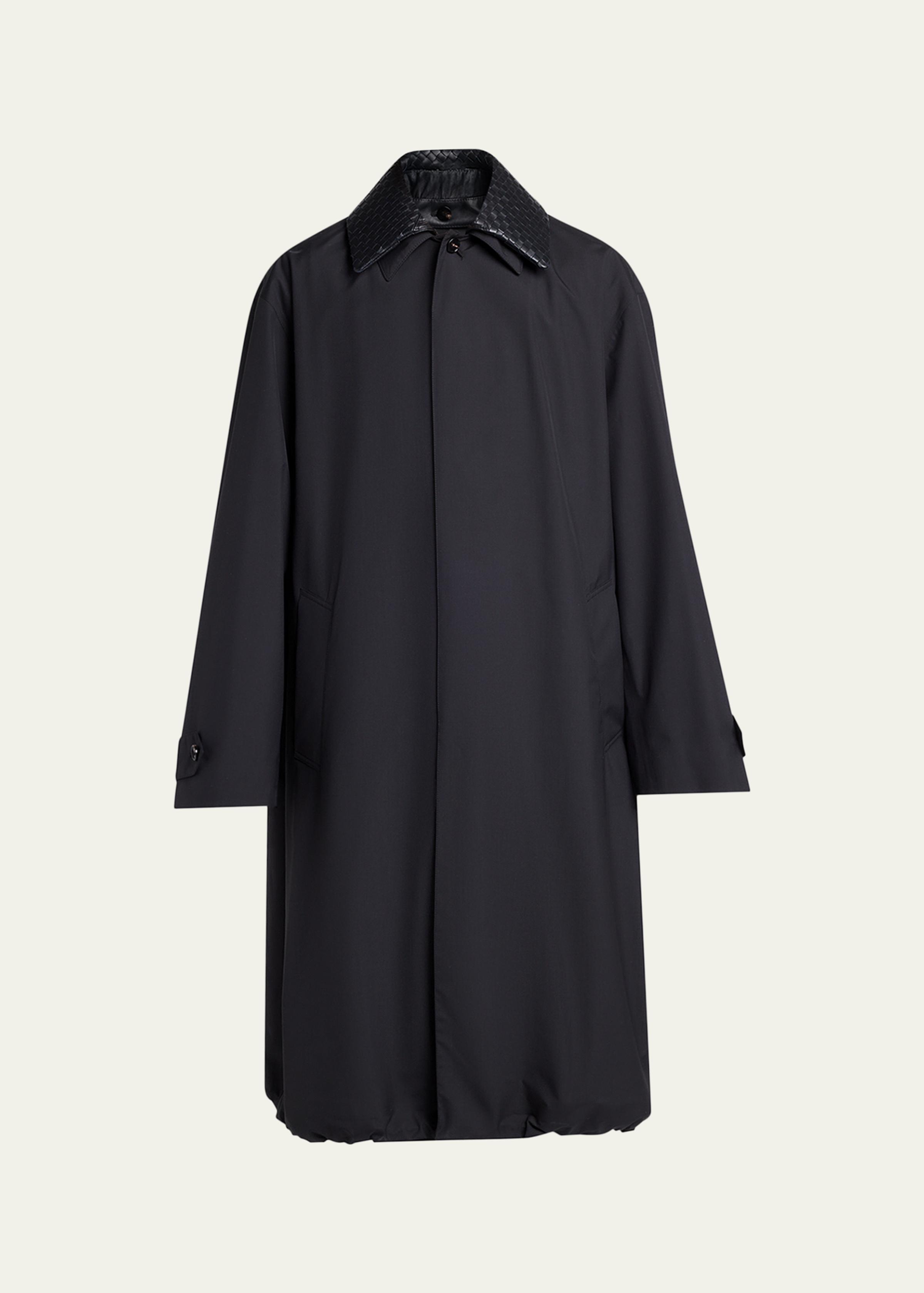 Men's Leather Intrecciato-Collar Overcoat