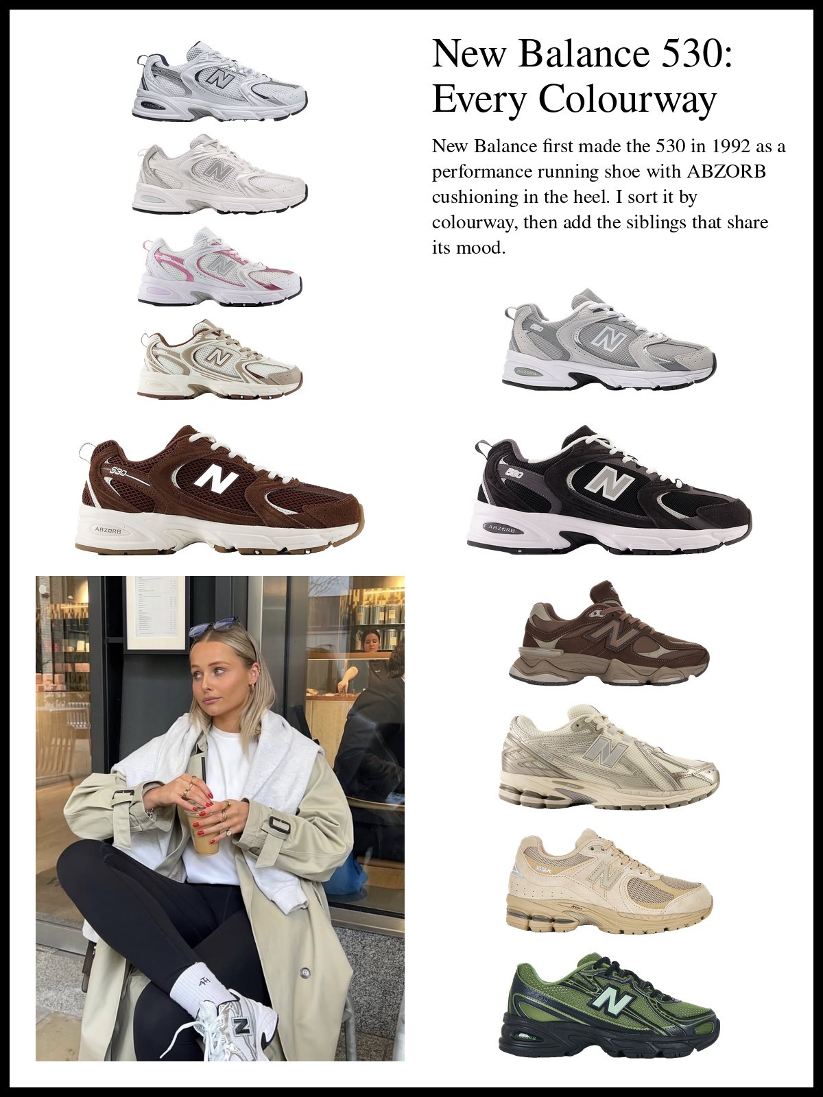 Collage of New Balance 530 sneakers in white with natural indigo, white with silver, white with pink sugar, sea salt, raincloud grey, pumpernickel and black, with a 9060, a 1906, a 2002R and a 740, and a photo of a woman in a cream coat and white socks wearing grey and white New Balance sneakers.