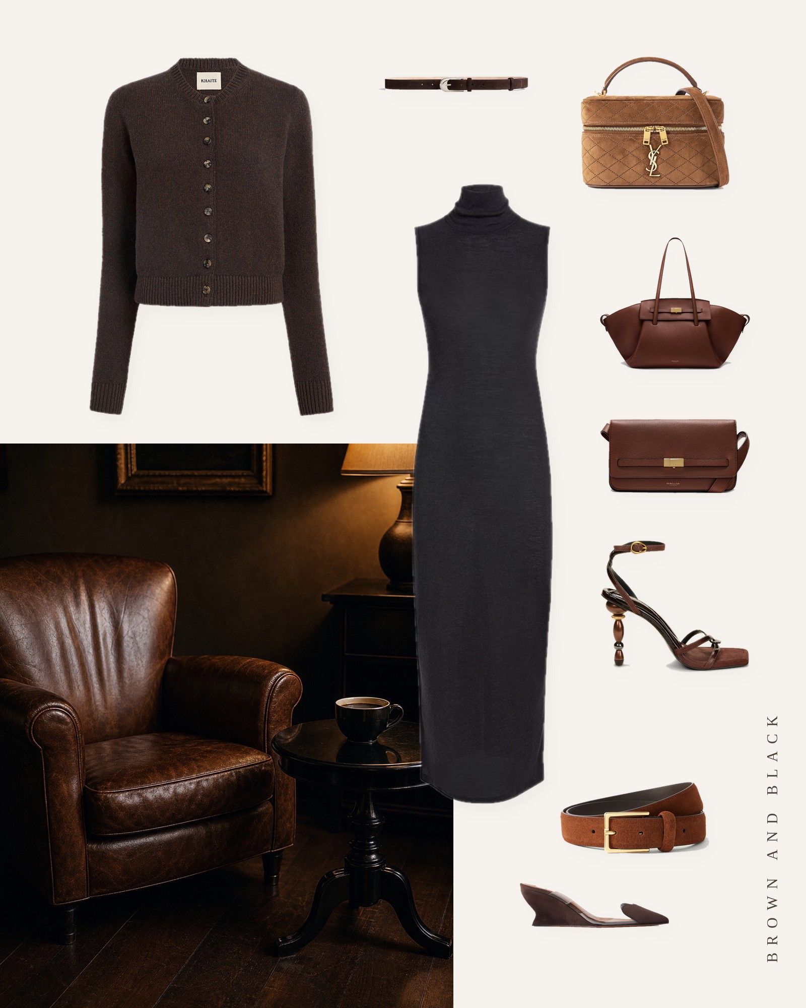 Collage of chocolate brown and black pieces from this edit, with a mood photo