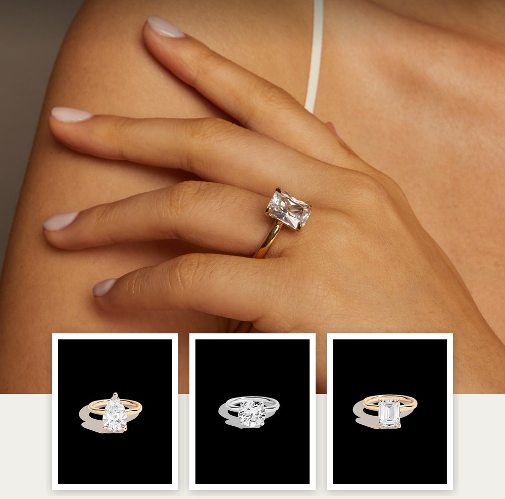 A collage of jewelry pieces from the The Solitaire, Beyond the Engagement Ring edit, including items from Aurate New York.
