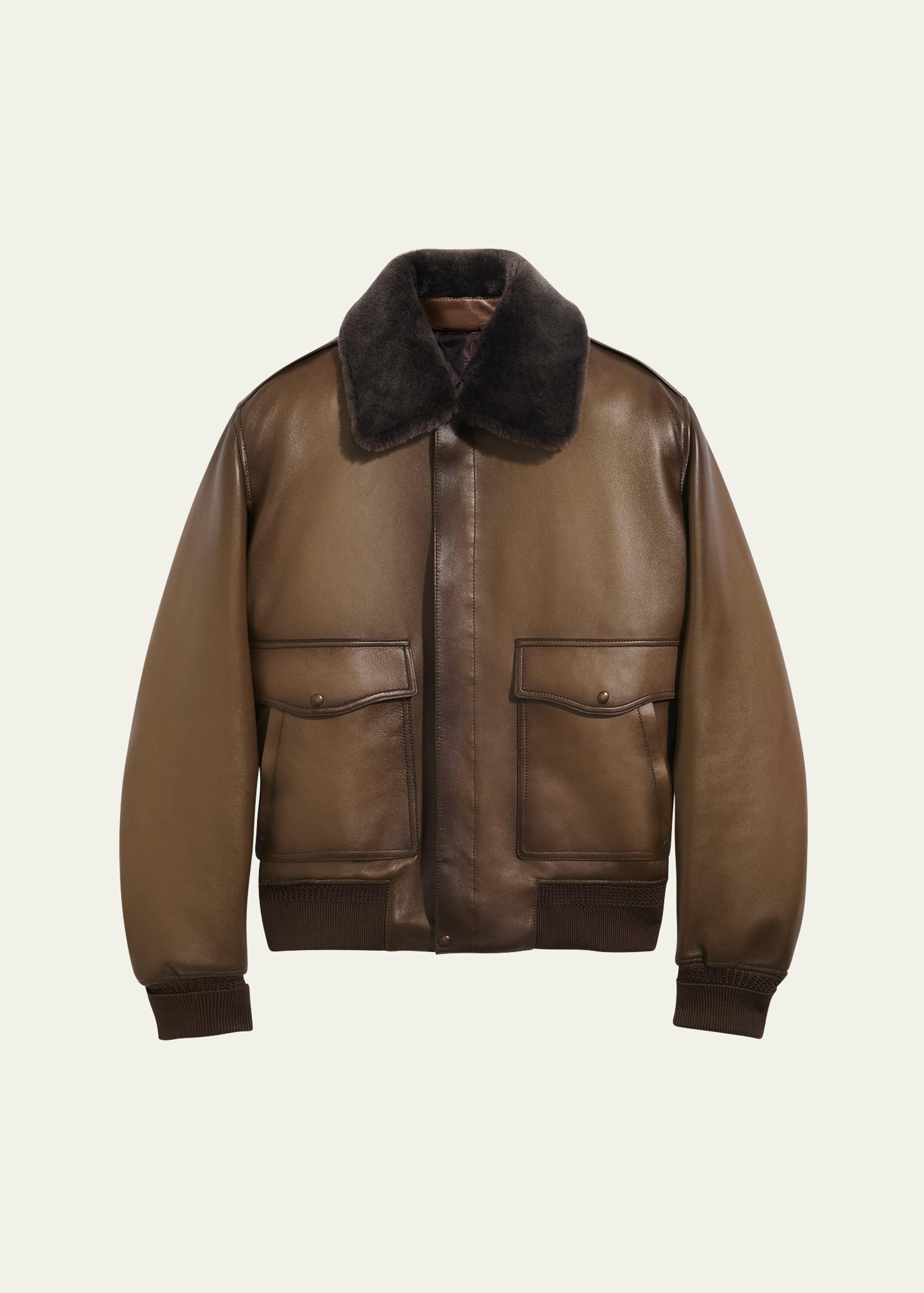 Men's Leather & Shearling Collar Bomber Jacket