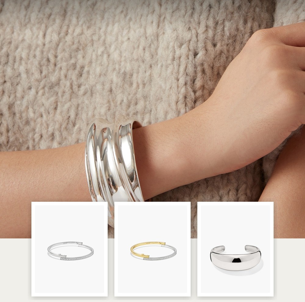 A collage of jewelry pieces from the Bangles or Cuffs: Which Actually Stays Put edit, including items from Aurate New York, BaubleBar, Jenny Bird, Mejuri.