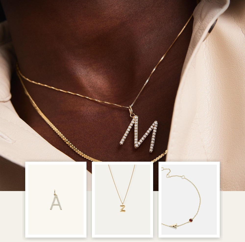A collage of jewelry pieces from the Monogrammed Jewelry That Does Not Look Dated edit, including items from Aurate New York, BaubleBar, Jenny Bird, Mejuri.