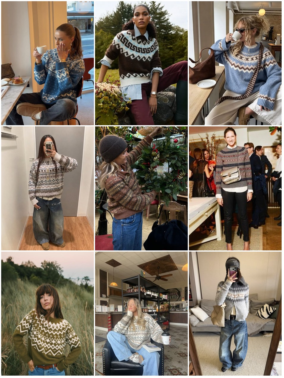 Street style collage of women in fair isle sweaters with jeans and boots