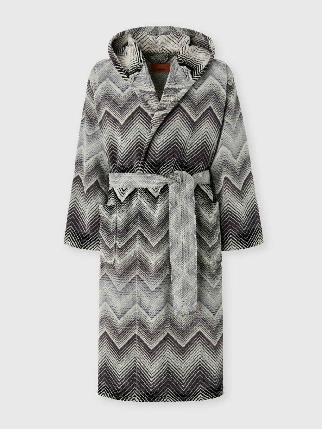Marea Hooded Bathrobe in Cotton Terry with Chevron Pattern in Black and White