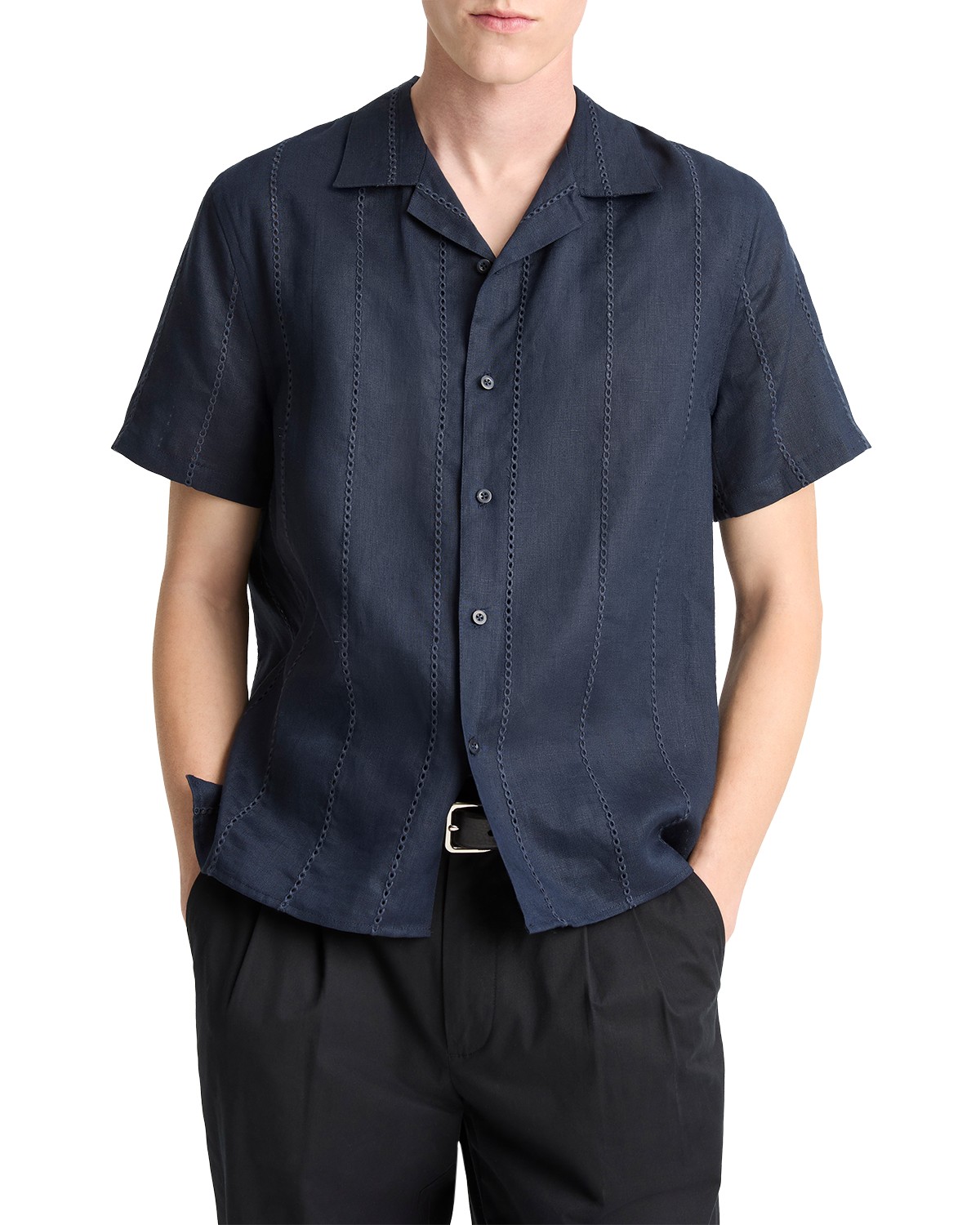 Linen Eyelet Stripe Short Sleeve Cabana Shirt