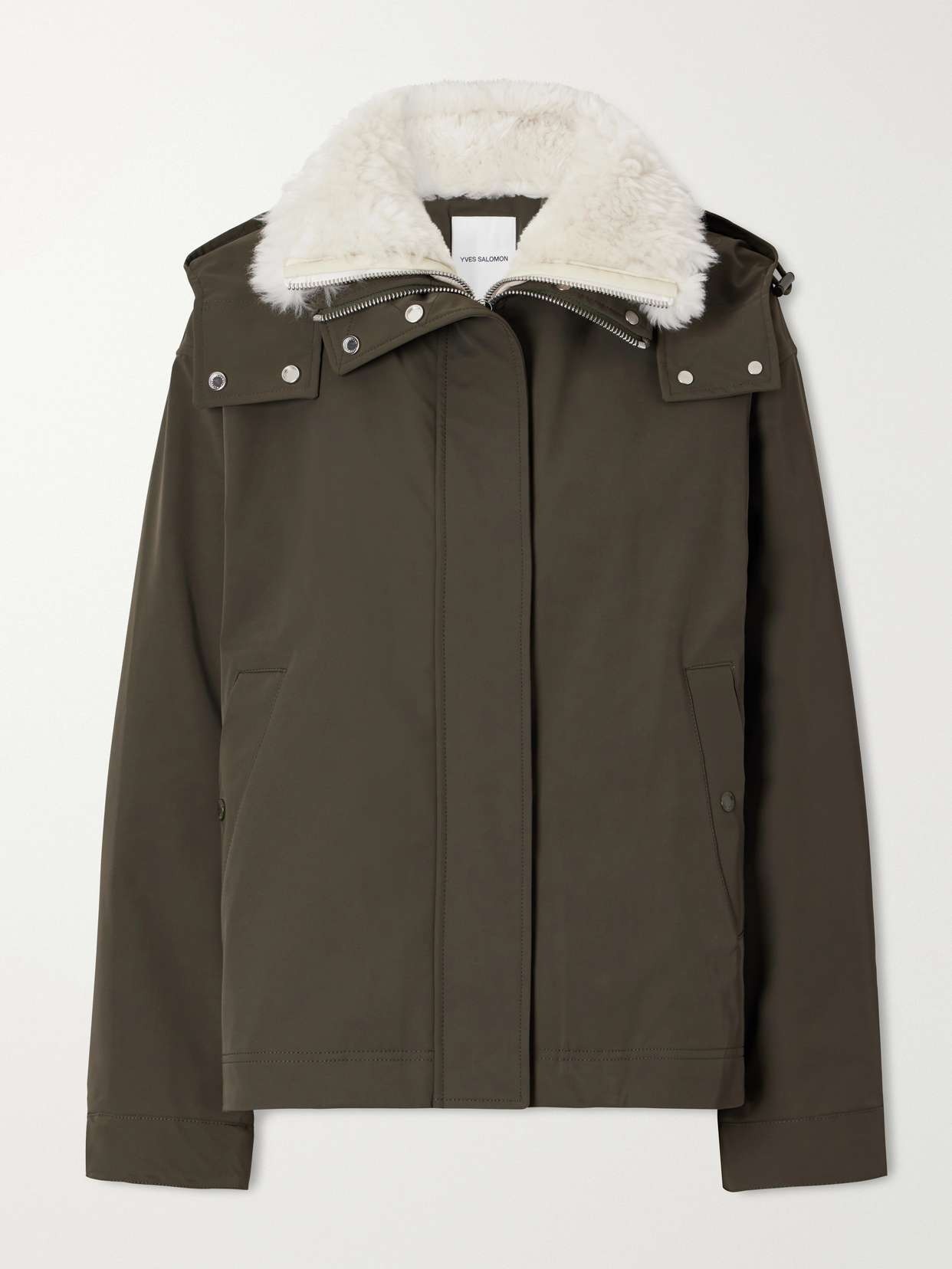 Hooded padded shearling-trimmed shell jacket