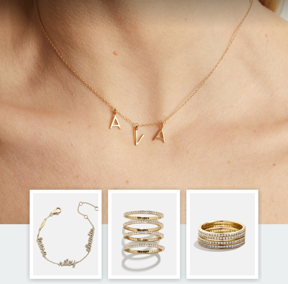 A collage of jewelry pieces from the Reading a Hallmark on Gold edit, including items from Aurate New York, BaubleBar, Jenny Bird.