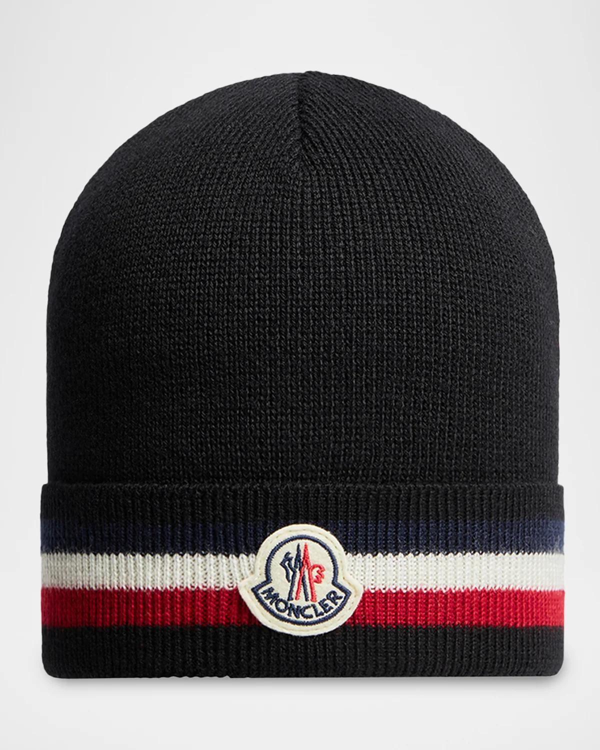 Moncler Men's Stripe Logo Emblem Wool-Knit Beanie Hat