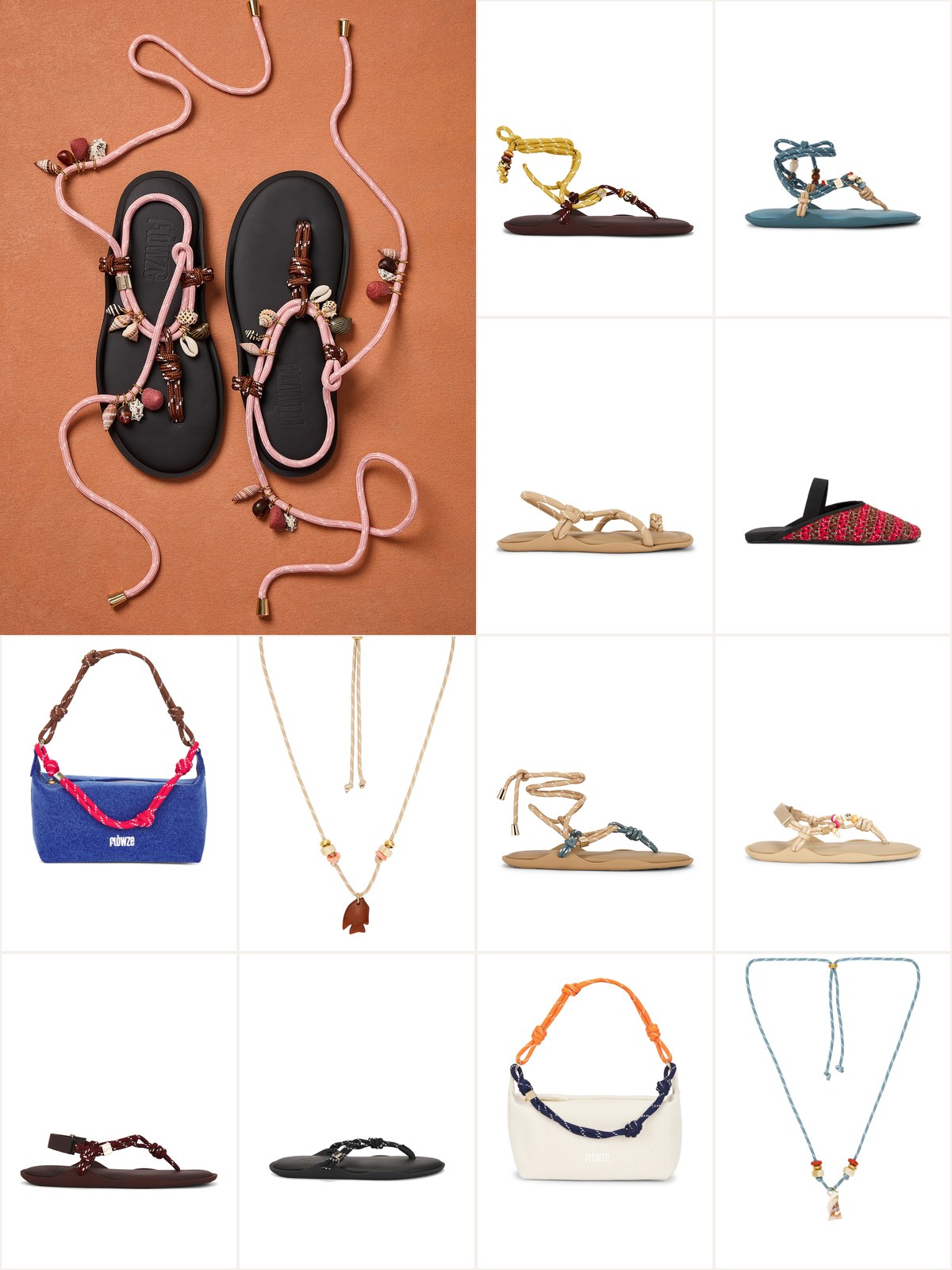 Flòwze rope sandals with shell charms beside twelve Flòwze sandals, bags and necklaces