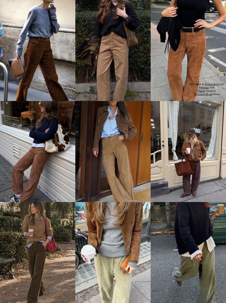 Street style collage of women wearing corduroy pants in brown, burgundy and green