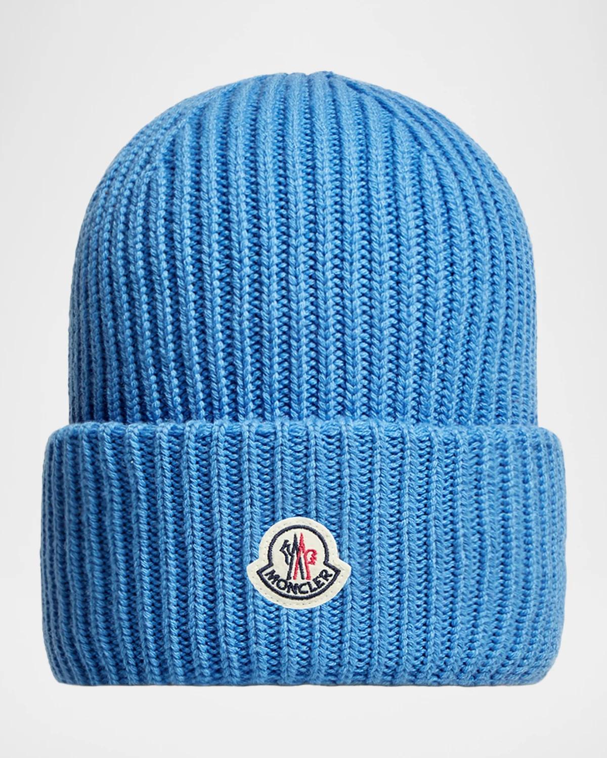 Moncler Men's Wool and Cashmere Ribbed Logo Beanie Hat