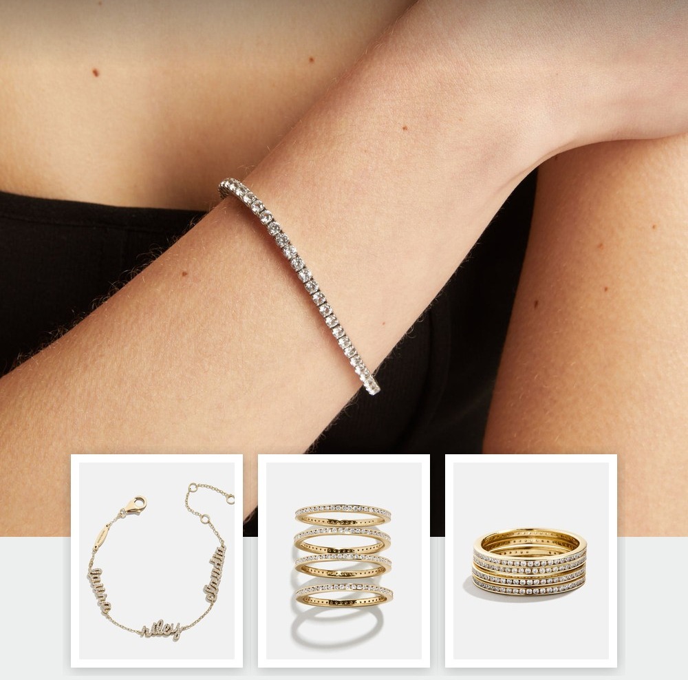 A collage of jewelry pieces from the Jewelry You Can Wear in Water edit, including items from Aurate New York, BaubleBar, Jenny Bird, Mejuri.