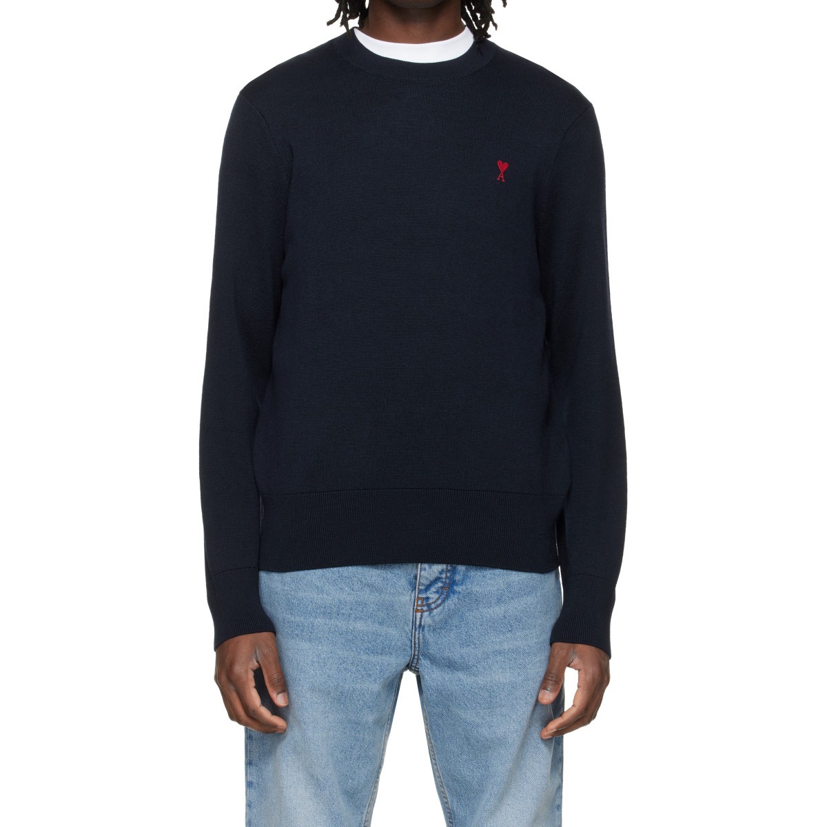 Navy Wool Contrasted Ami de Coeur Crewneck Sweater