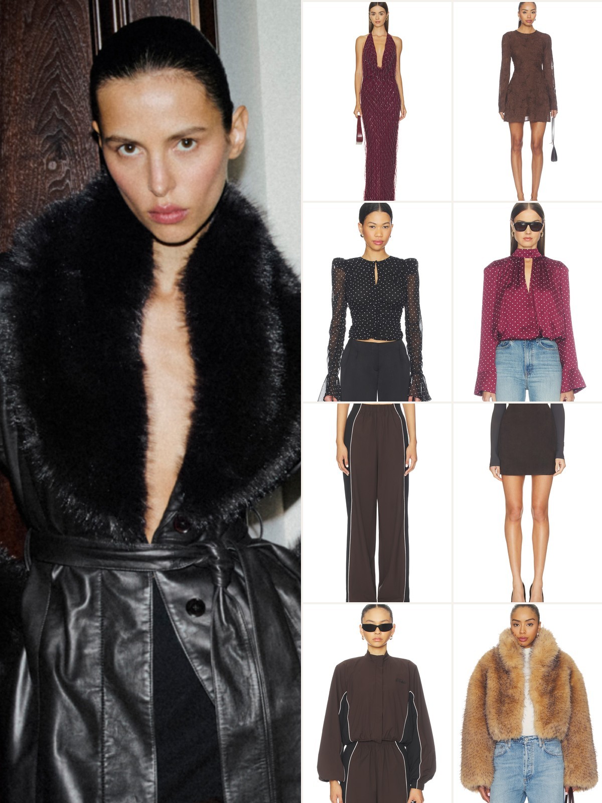 ROTATE Birger Christensen campaign photo beside eight ROTATE dresses, tops, trousers and jackets