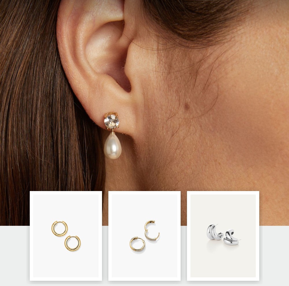 A collage of jewelry pieces from the Nickel in Jewelry and Why Your Ears React edit, including items from Aurate New York, BaubleBar, Jenny Bird, Mejuri.