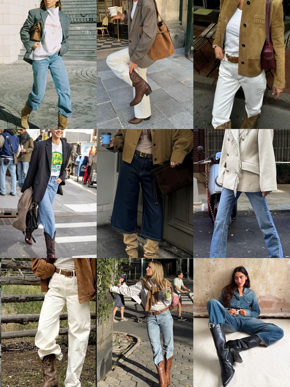 Street style collage of women wearing cowboy boots with jeans, skirts and dresses