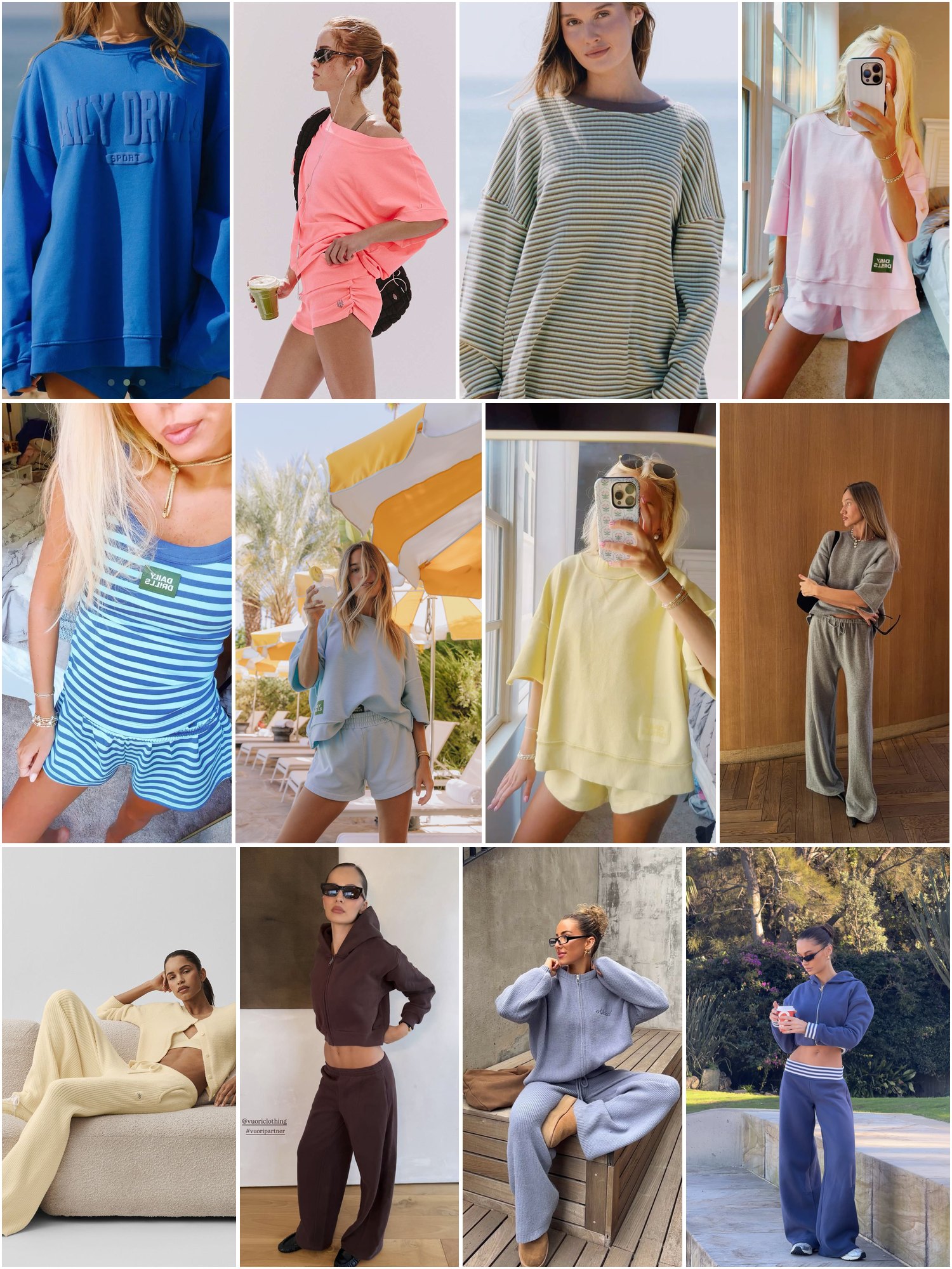 Women in colorful casual sets, soft-looking shorts, relaxed crewnecks and coordinated pants, styled for lounging, errands and travel.