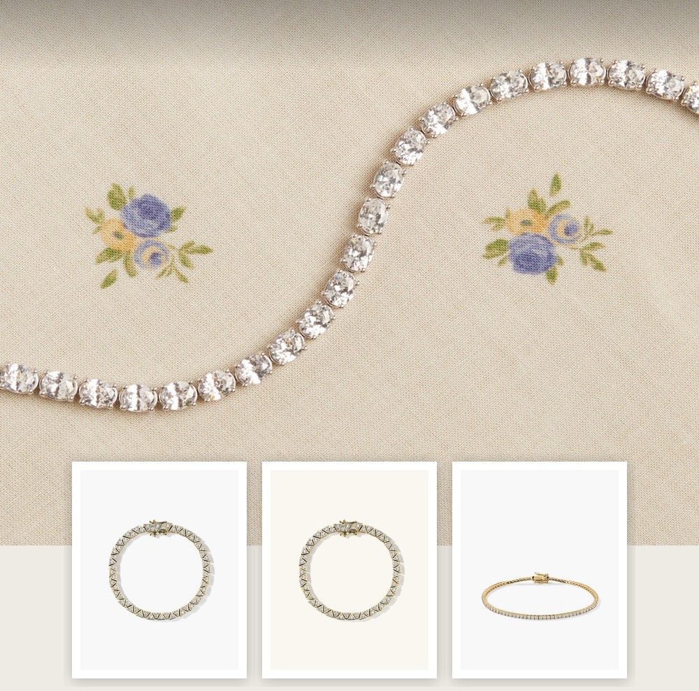 A collage of jewelry pieces from the Buying Vintage Jewelry Online Without Getting Burned edit, including items from Aurate New York, BaubleBar, Jenny Bird, Mejuri.