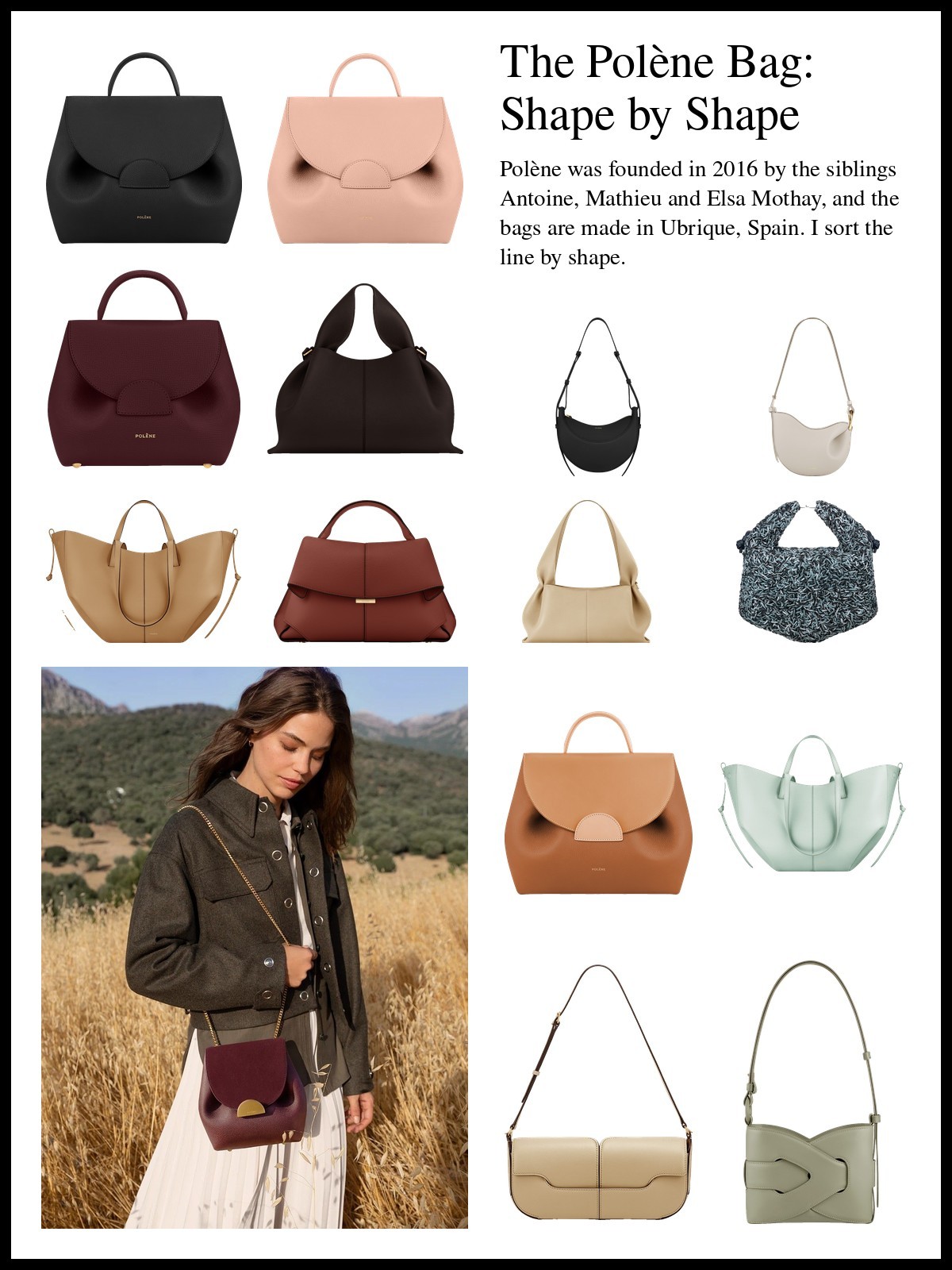 Collage of Polène bags: Numéro Un in black, pink and three-tone camel, a burgundy Numéro Un Nano, a Numéro Neuf in ebony and an East West in sand, a Numéro Dix, a Tonca, Cyme totes in ocher and sea foam, a Mokki in red clay, a woven navy Béri, an Osmo and a Nodde, with a photo of a woman in an olive jacket carrying a burgundy bag in a golden field.