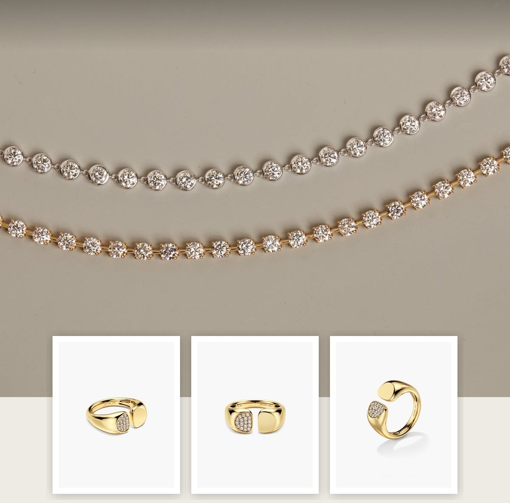 A collage of jewelry pieces from the Re-Editioned Jewelry: Why Houses Revive Old Collections edit, including items from Aurate New York, BaubleBar, Jenny Bird, Mejuri.
