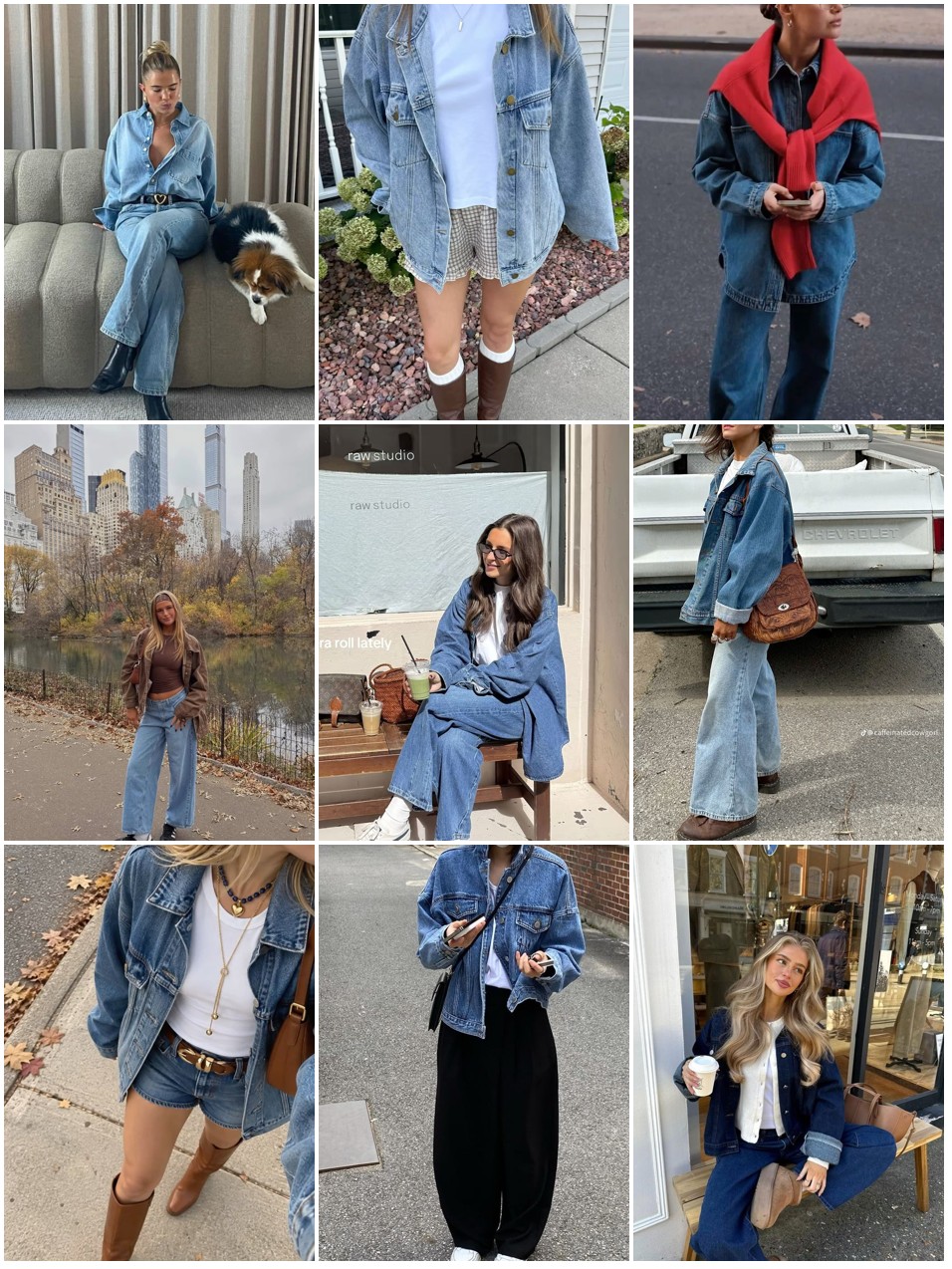 Street style collage of women wearing jean jackets with jeans, trousers and boots