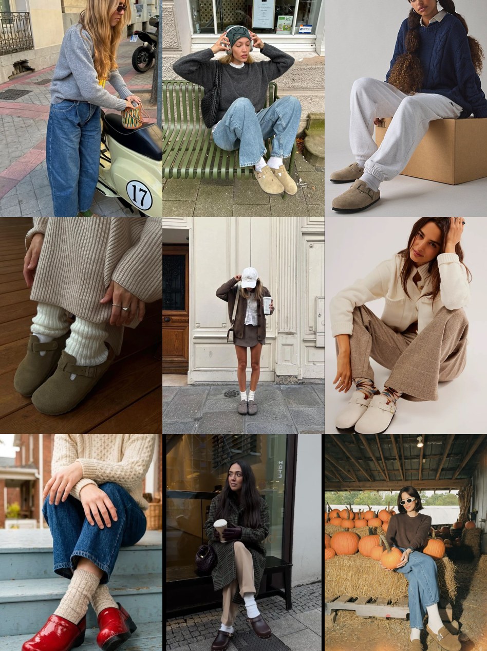 Street style collage of women wearing clogs with socks, jeans and skirts
