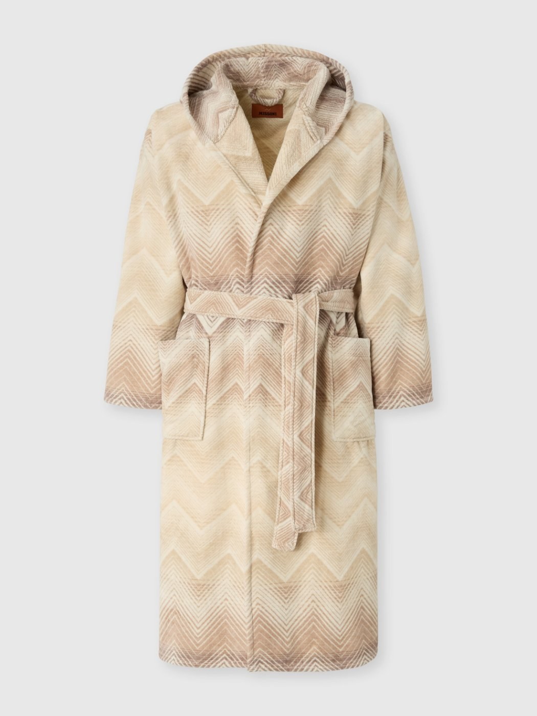 Marea Hooded Bathrobe in Cotton Terry with Chevron Pattern in Beige