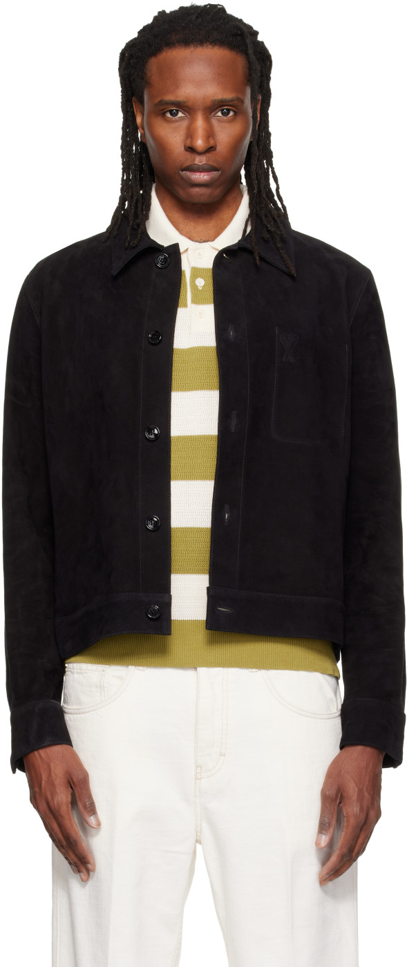 Black Embossed Ami de Coeur Suede Leather Jacket