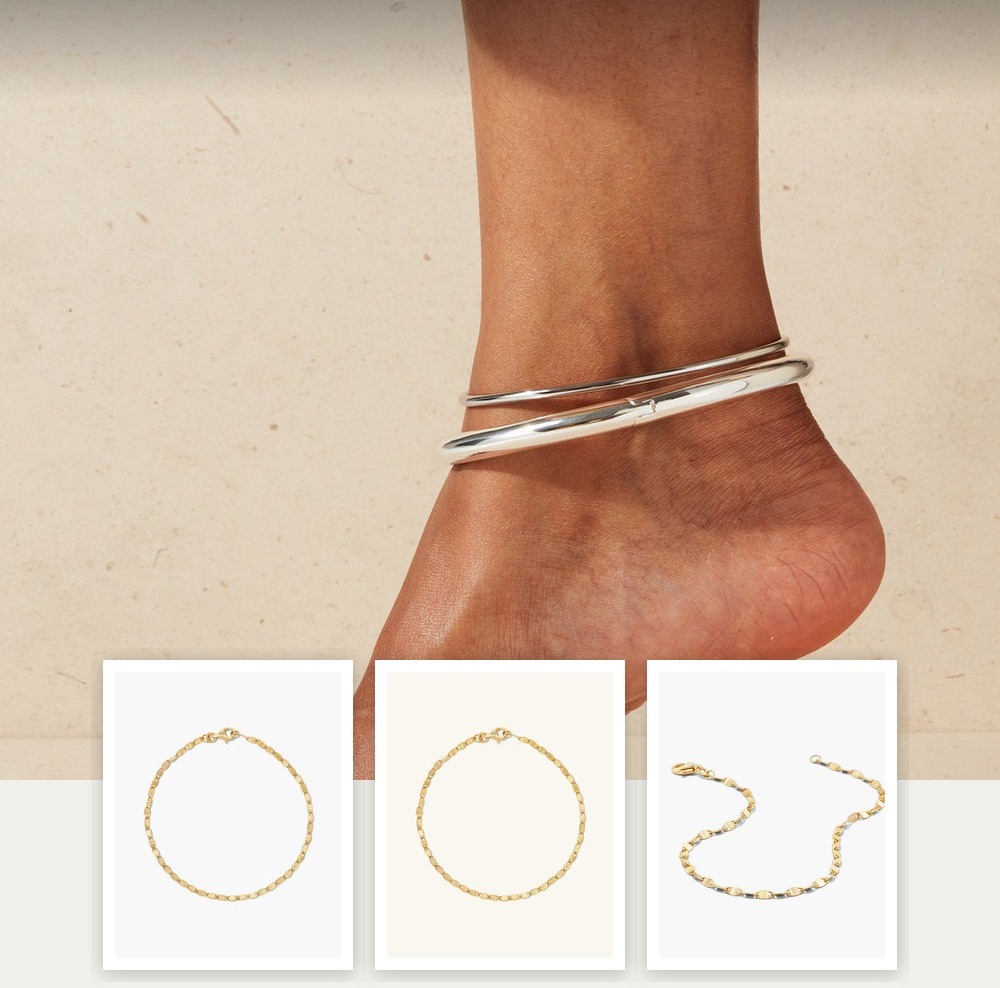 A collage of jewelry pieces from the Anklets, Reconsidered edit, including items from Aurate New York, BaubleBar, Jenny Bird, Mejuri.