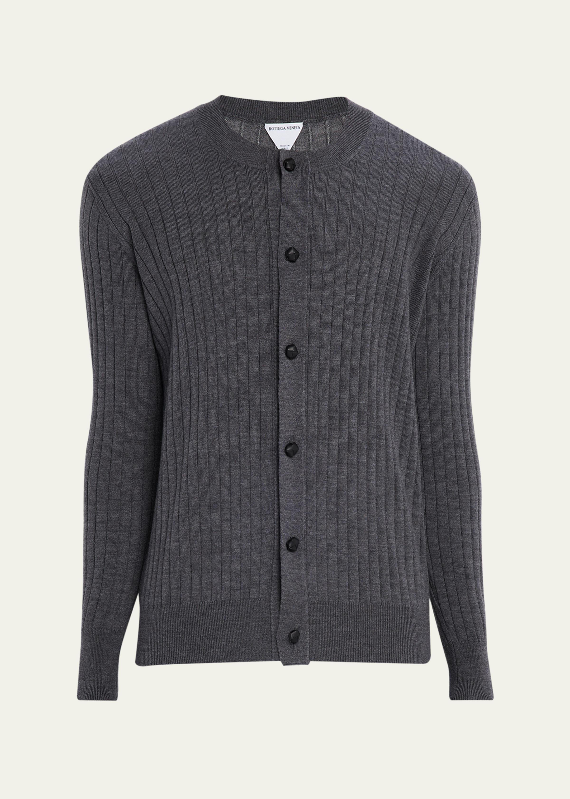 Men's Ribbed Wool Cardigan with Leather Buttons